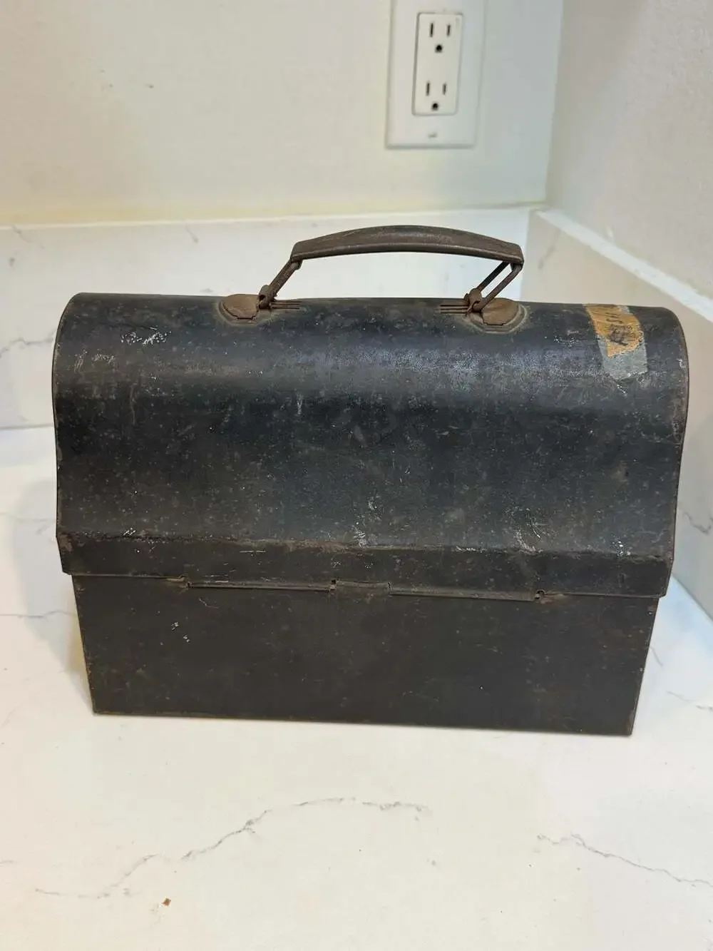 Vintage Mid-Century Black Metal Dome Top Workman's Lunchbox with Star Detail